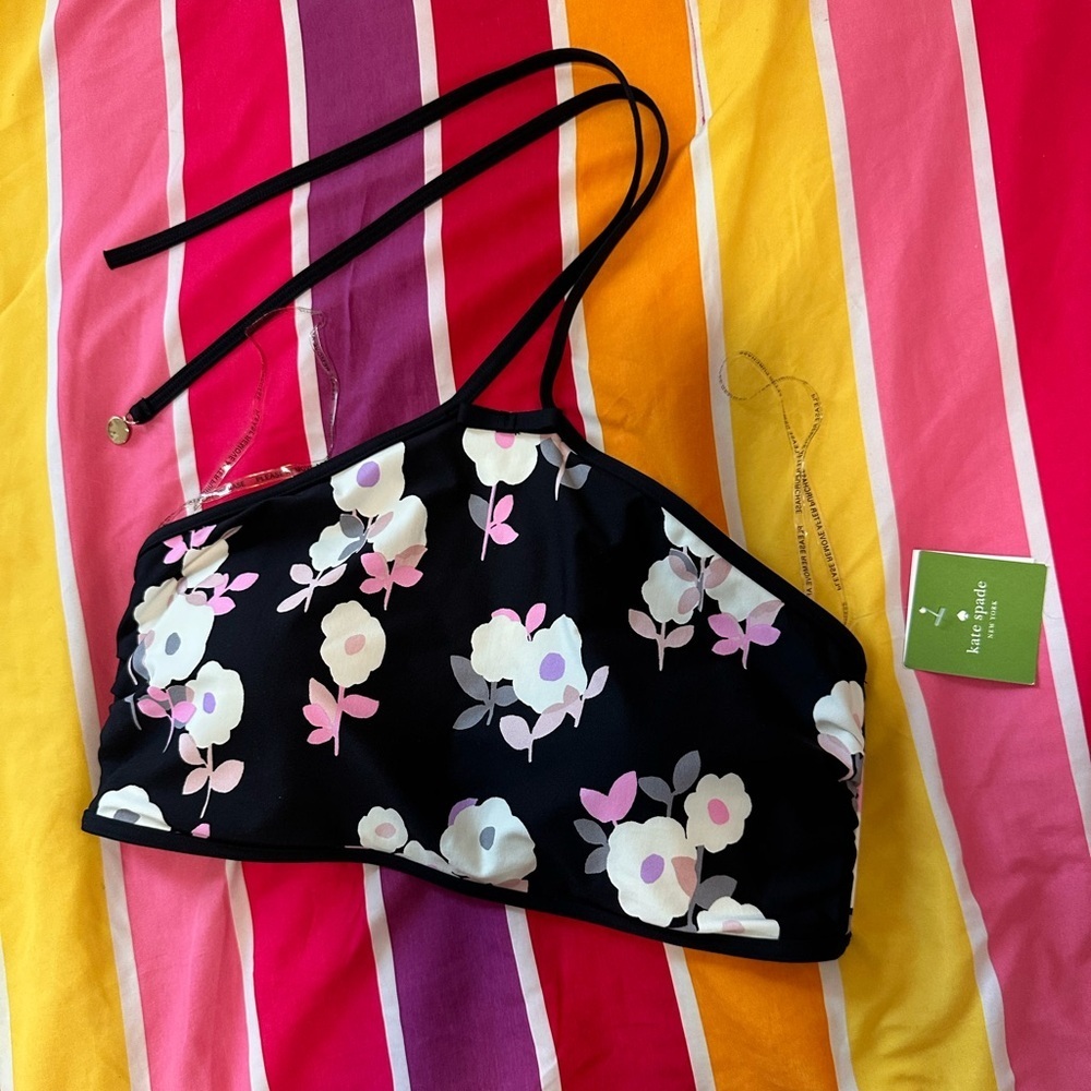 kate spade Black Floral High-Neck Bikini Top with Cream and Pink Flowers